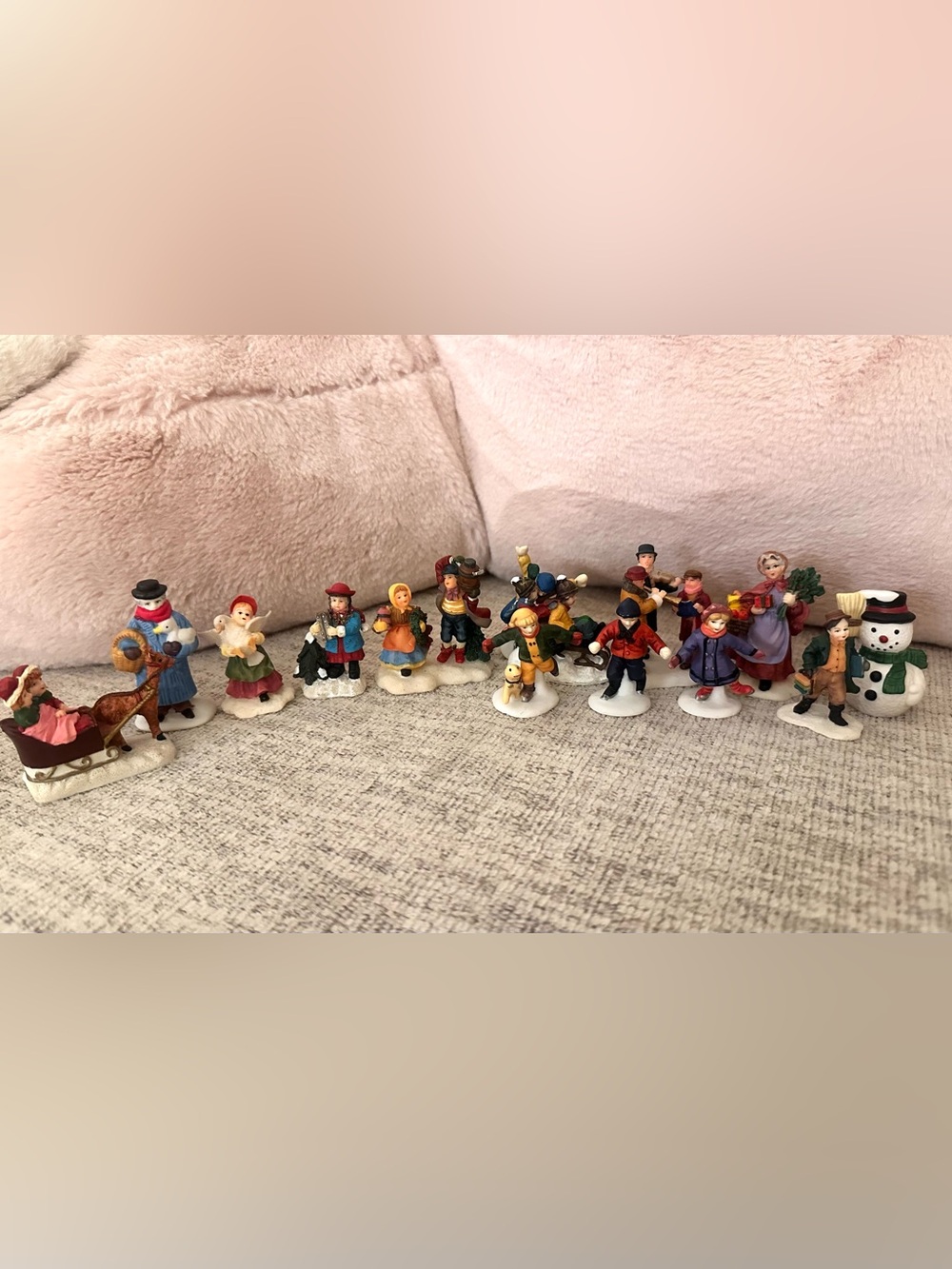Christmas Village Figurine Lot - 14 pieces- People, Snowman & Winter Scenes